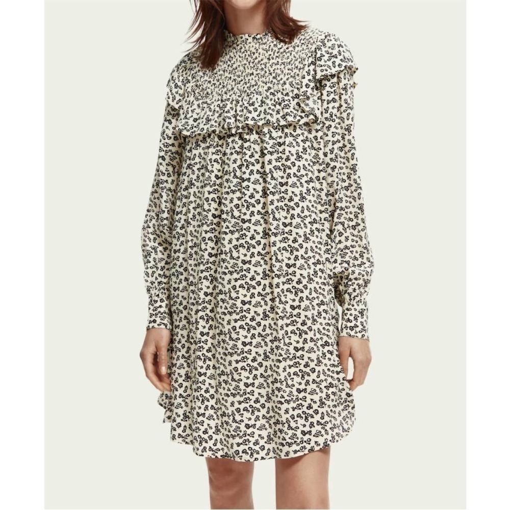 Scotch & Soda frilled flowy smocked long sleeve black printed dress size L new